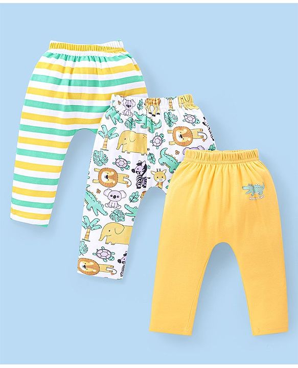 Babyhug Interlock Knit Full Length Diaper Leggings with Striped & Lion Print  Pack of 3 - Yellow White & Green