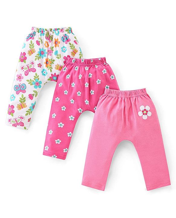 Babyhug Cotton  Knit Full Length  Diaper Legging Floral Print Pack Of 3 - Pink & White