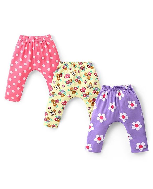 Babyhug Interlock Cotton Knit Full Length Diaper Leggings with Floral & Polka Dots Print Pack of 3 - Multicolour