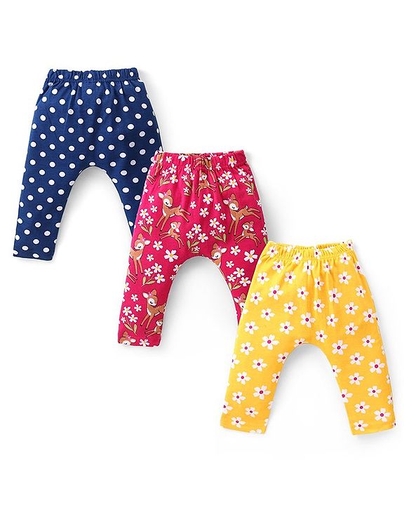 Babyhug Interlock Knit Full Length Diaper Leggings with Floral & Animal Print Pack of 3 - Multicolour