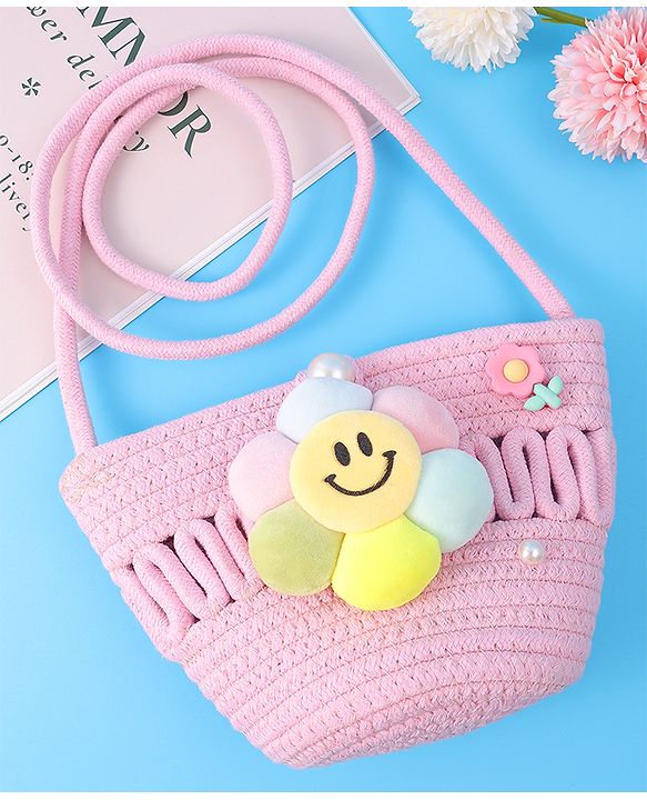 Pine Kids Floral Smiley Applique Crochet Sling Bag - Pink