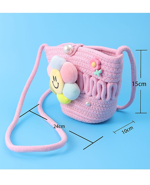 Pine Kids Floral Smiley Applique Crochet Sling Bag - Pink