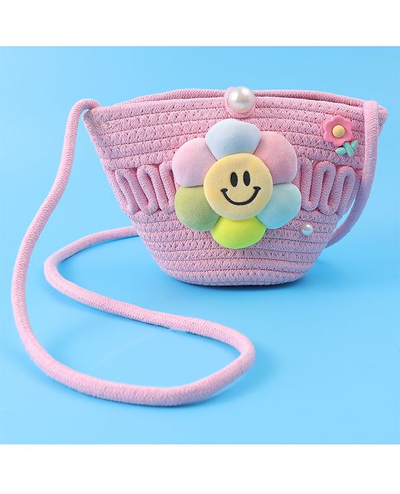 Pine Kids Floral Smiley Applique Crochet Sling Bag - Pink