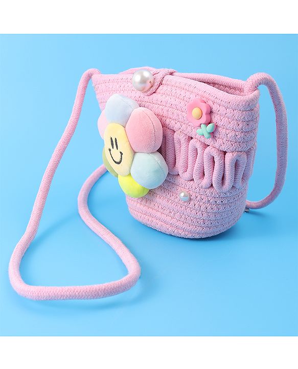 Pine Kids Floral Smiley Applique Crochet Sling Bag - Pink