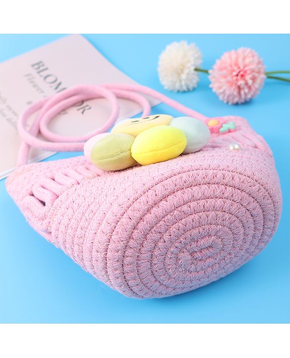 Pine Kids Floral Smiley Applique Crochet Sling Bag - Pink