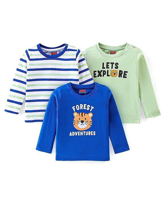 Babyhug Cotton Knit   Full Sleeves T-Shirt With Animal & Text Graphics Pack of 3 - Royal Blue & Green