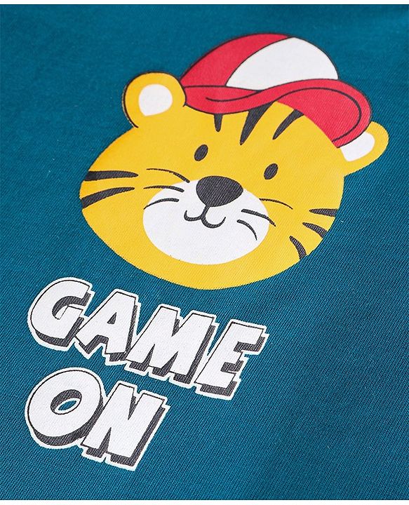 Babyhug Cotton Knit Full Sleeves T-Shirt with Tiger Print - Teal