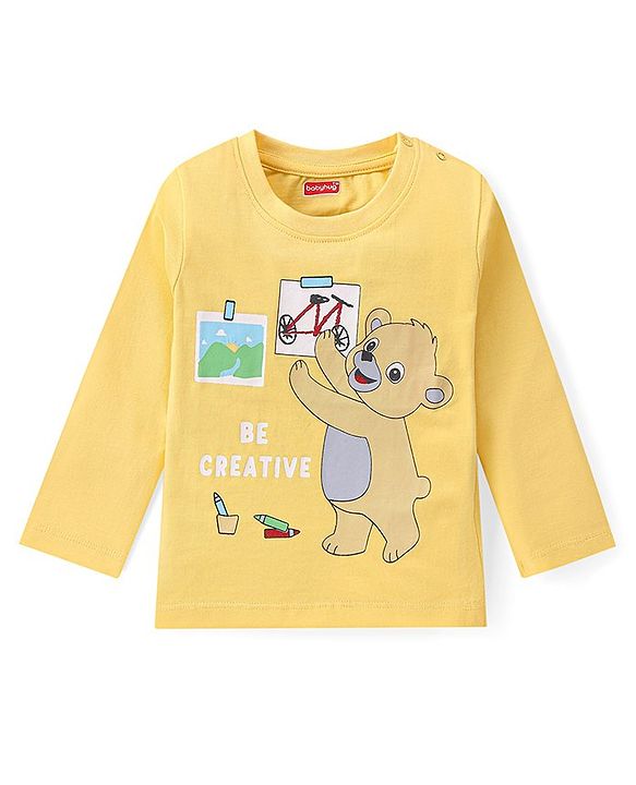 Babyhug 100% Cotton Knit Full Sleeves T-Shirt with Bear Graphics - Yellow