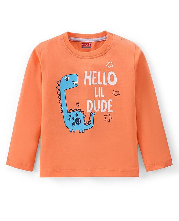 Babyhug Cotton Knit Full Sleeves T-Shirt With Dino Print - Orange