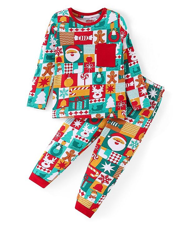 Babyhug Cotton Knit Full Sleeves Night Suit With Christmas Theme Print - Multicolour