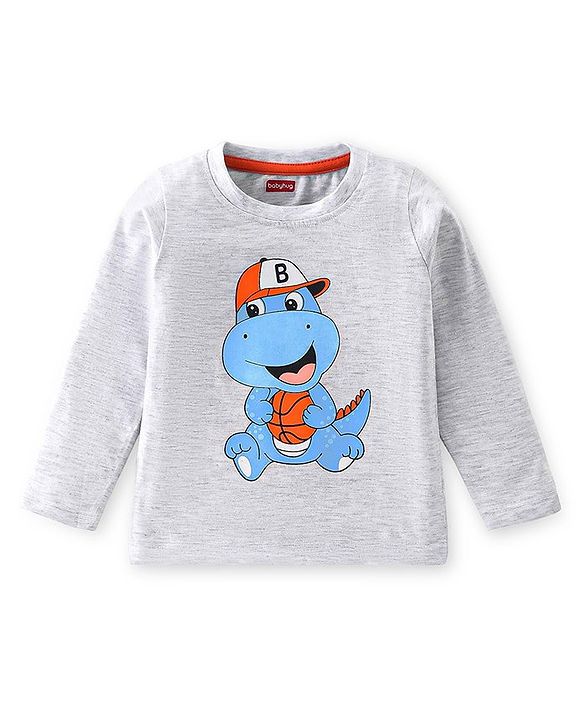 Babyhug Cotton Knit  Full Sleeves T-Shirt With Dino Print - Grey