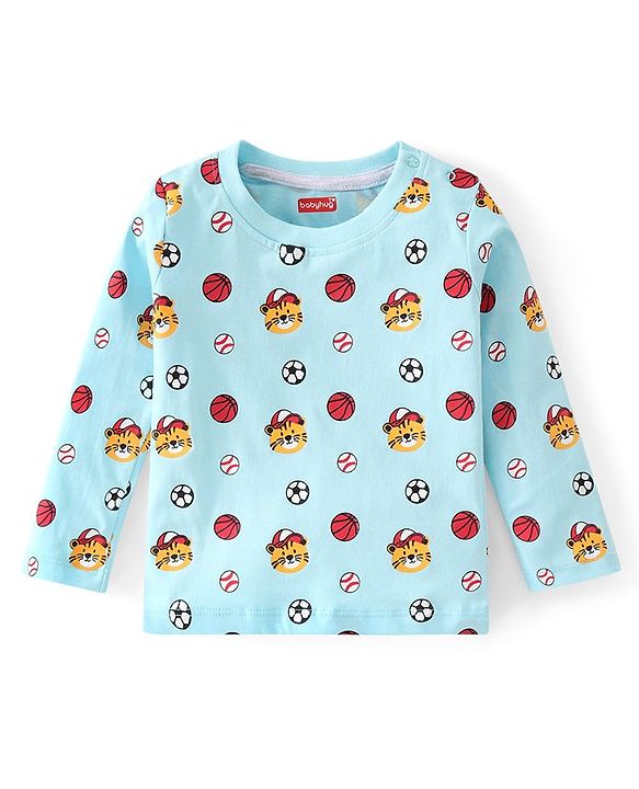 Babyhug Cotton Knit Full Sleeves Striped & Tiger Printed T-Shirts Pack of 3  - Yellow Teal & Sky Blue