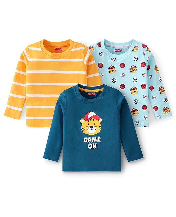 Babyhug Cotton Knit Full Sleeves Striped & Tiger Printed T-Shirts Pack of 3  - Yellow Teal & Sky Blue