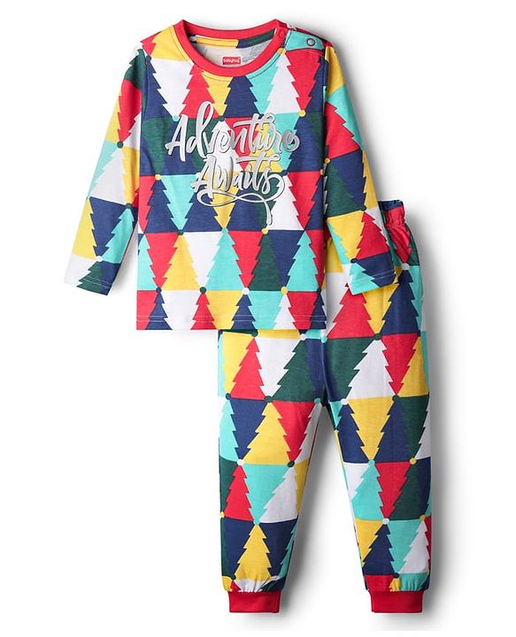 Babyhug Cotton Knit Full Sleeves Night Suit With Pine Trees & Text Print - Multicolor