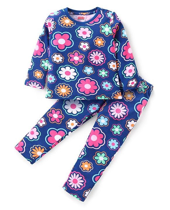 Babyhug Cotton Knit Full Sleeves Night Suit with Floral Print - White & Blue