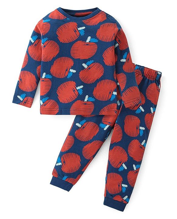 Babyhug Cotton Knit Full Sleeves Night Suit With Apples Print - Red & Navy