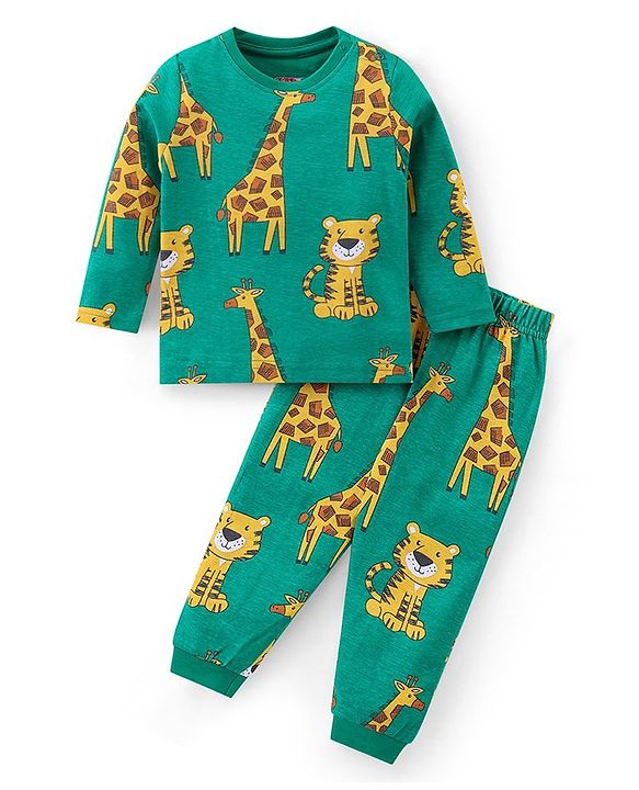 Babyhug Cotton Knit Full Sleeves Night Suit with Tiger & Giraffe Print - Green