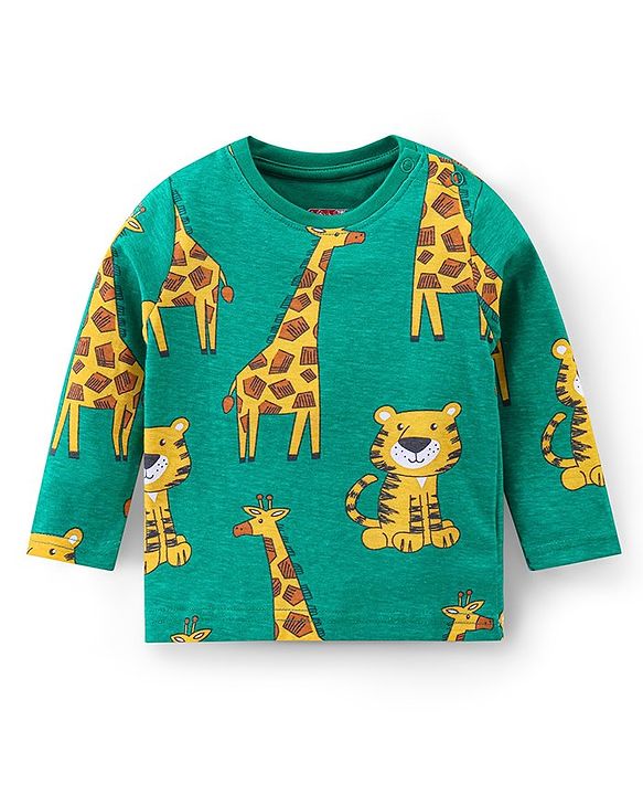 Babyhug Cotton Knit Full Sleeves Night Suit with Tiger & Giraffe Print - Green