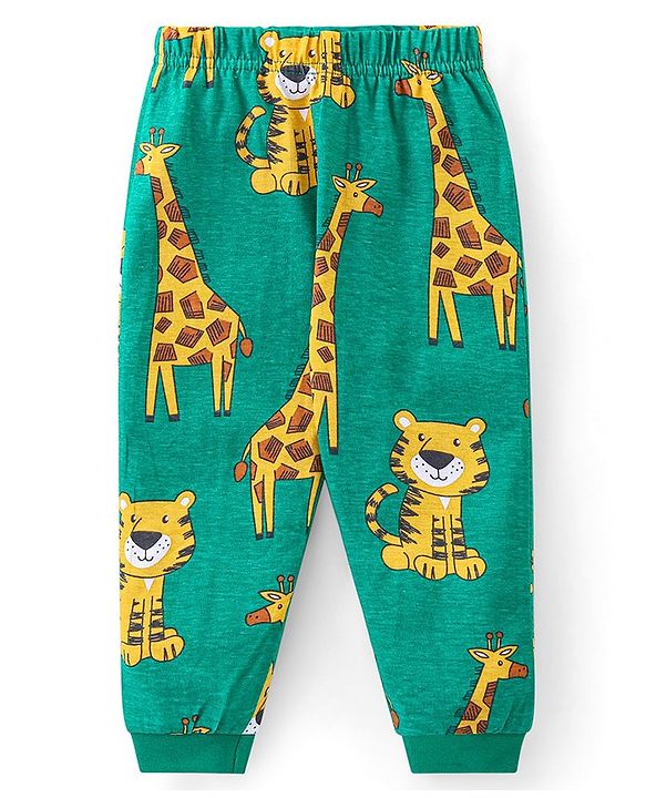 Babyhug Cotton Knit Full Sleeves Night Suit with Tiger & Giraffe Print - Green
