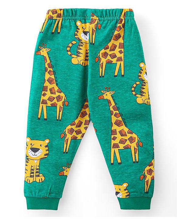 Babyhug Cotton Knit Full Sleeves Night Suit with Tiger & Giraffe Print - Green