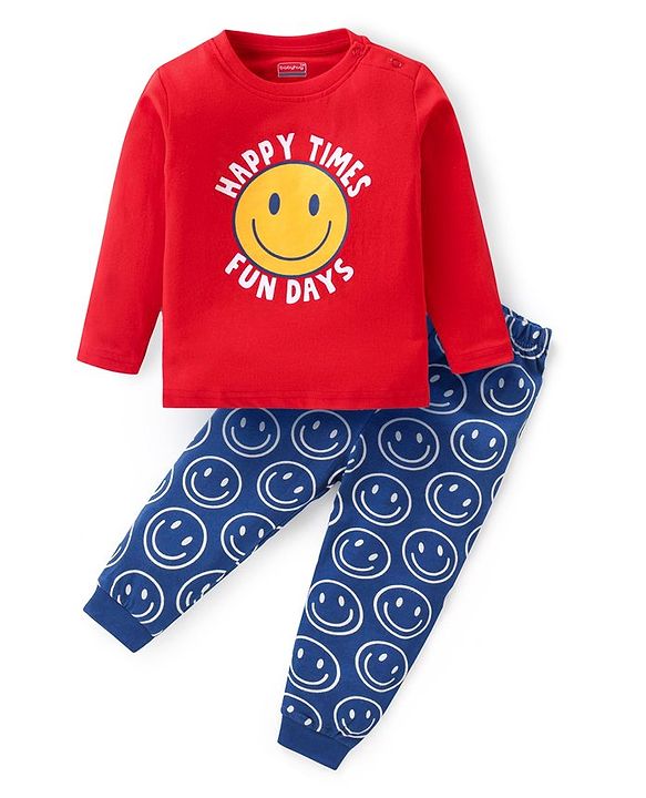 Babyhug Cotton Knit Full Sleeves Night Suit with Smiley & Text Print - Red & Navy Blue