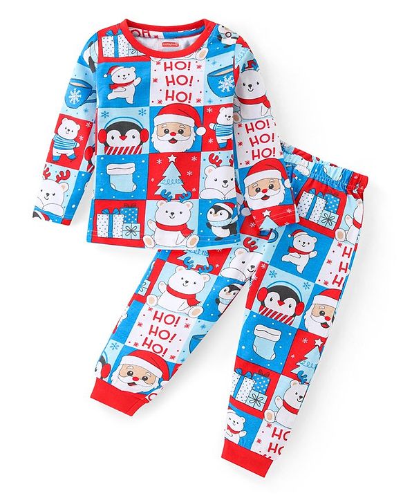 Babyhug Cotton Knit Full Sleeves Night Suit With Christmas Theme Print - Multicolour