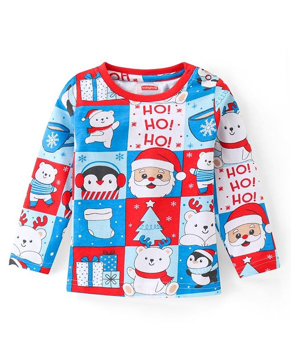 Babyhug Cotton Knit Full Sleeves Night Suit With Christmas Theme Print - Multicolour