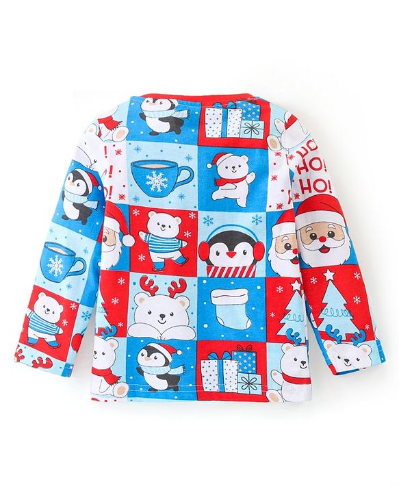 Babyhug Cotton Knit Full Sleeves Night Suit With Christmas Theme Print - Multicolour