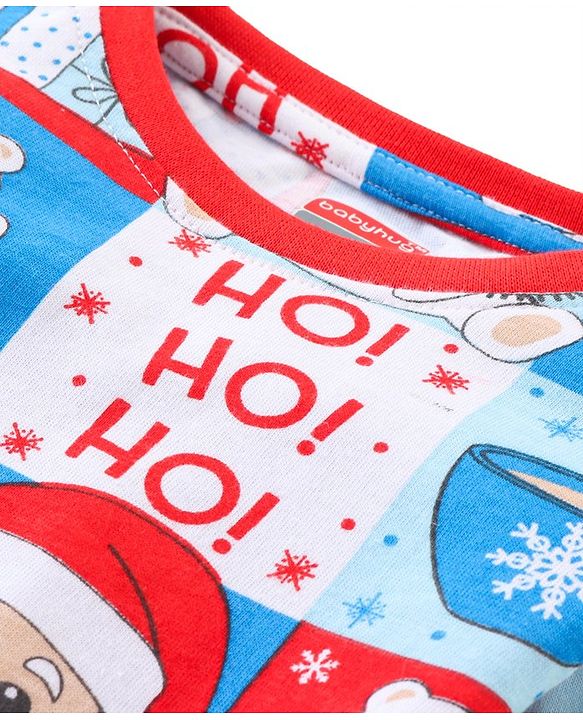 Babyhug Cotton Knit Full Sleeves Night Suit With Christmas Theme Print - Multicolour