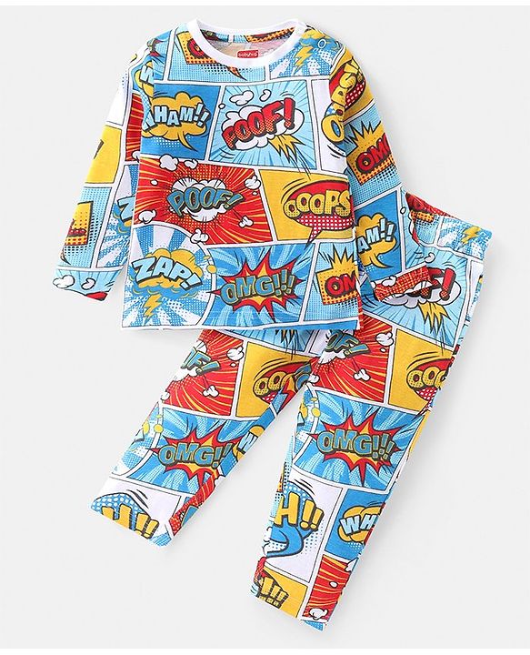 Babyhug Cotton Knit Full Sleeves Night Suit With Text Print - Multicolor