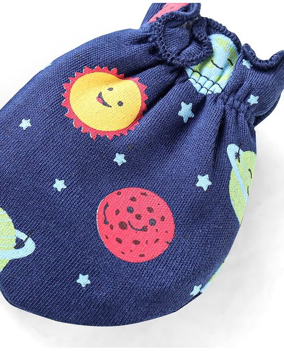 Babyhug 100% Cotton Knit Mitten & Booties With Star Print - Navy Blue
