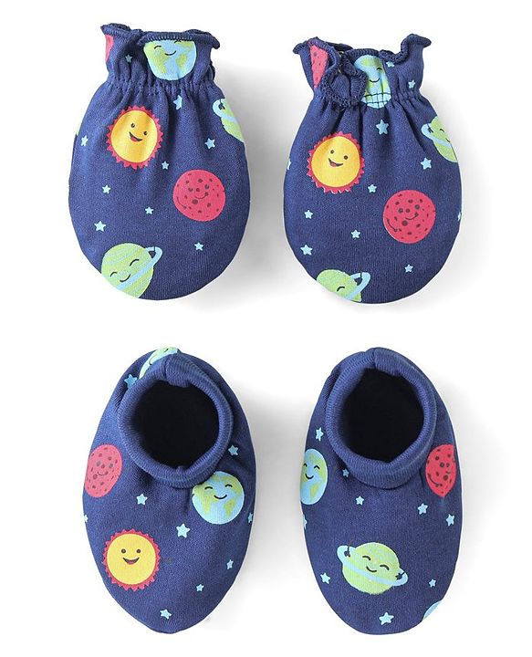 Babyhug 100% Cotton Knit Mitten & Booties With Star Print - Navy Blue