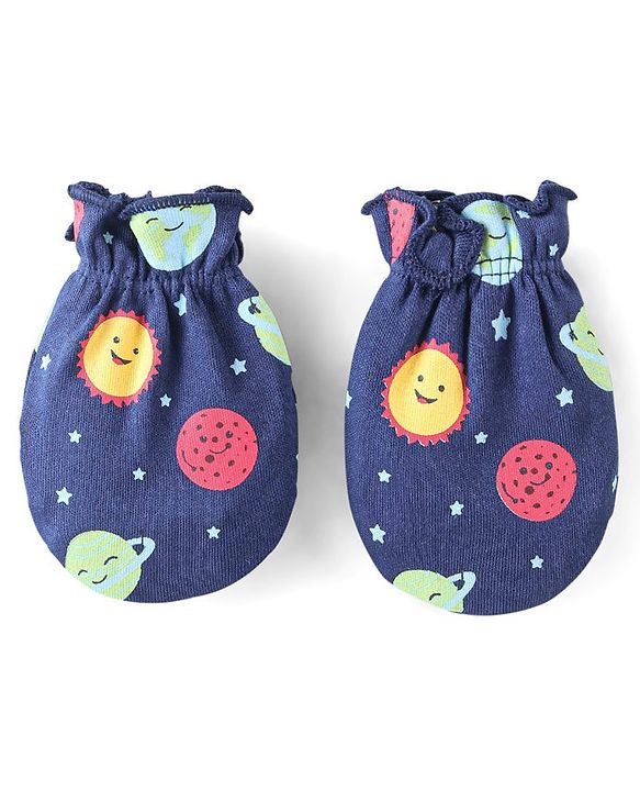 Babyhug 100% Cotton Knit Mitten & Booties With Star Print - Navy Blue