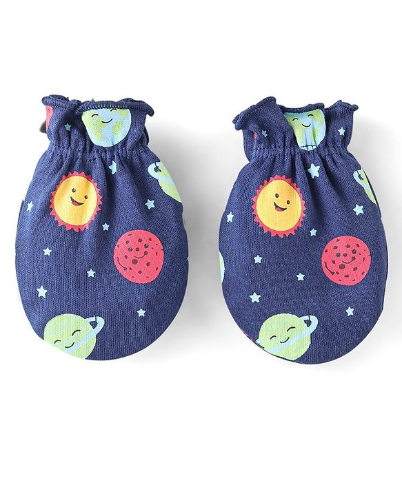 Babyhug 100% Cotton Knit Mitten & Booties With Star Print - Navy Blue