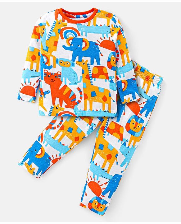 Babyhug Cotton Knit Full Sleeves Night Suit with Wild Animals Print - Multicolour