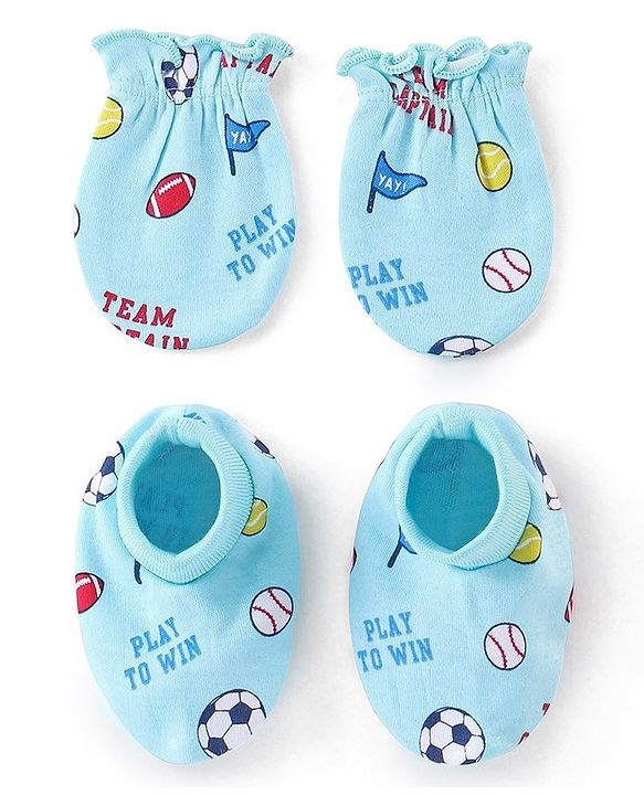 Babyhug 100% Cotton Interlock Knit  Mittens & Booties with Ball Print - Sky Blue