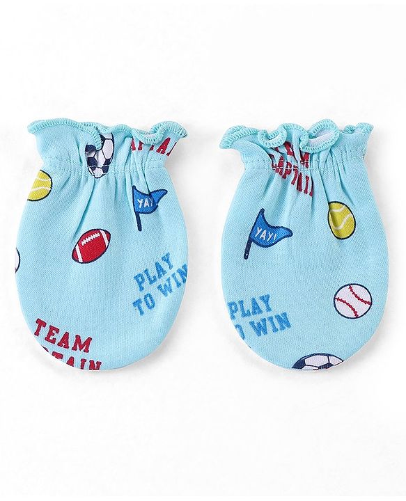 Babyhug 100% Cotton Interlock Knit  Mittens & Booties with Ball Print - Sky Blue