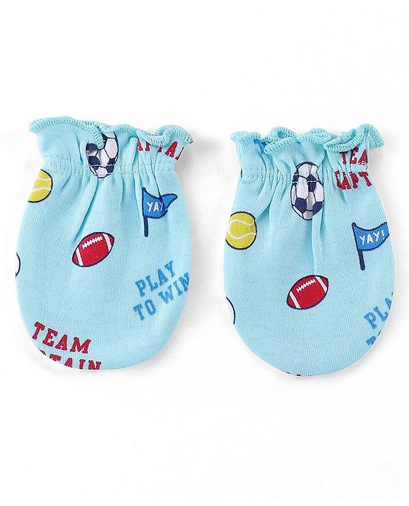 Babyhug 100% Cotton Interlock Knit  Mittens & Booties with Ball Print - Sky Blue