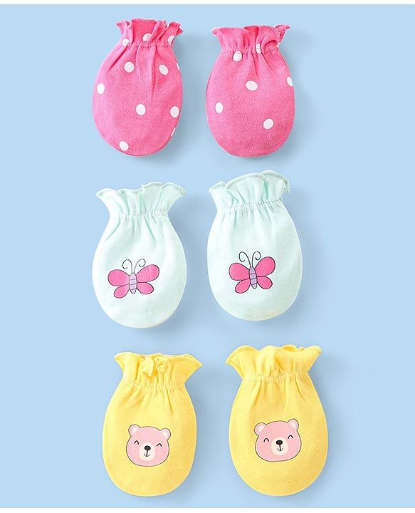 Babyhug 100% Cotton Knit Bear & Polka Dots Printed Mittens Pack of 3 - Green Yellow & Pink