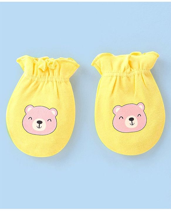 Babyhug 100% Cotton Knit Bear & Polka Dots Printed Mittens Pack of 3 - Green Yellow & Pink