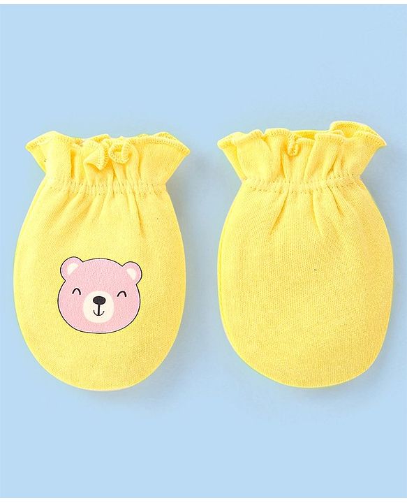 Babyhug 100% Cotton Knit Bear & Polka Dots Printed Mittens Pack of 3 - Green Yellow & Pink