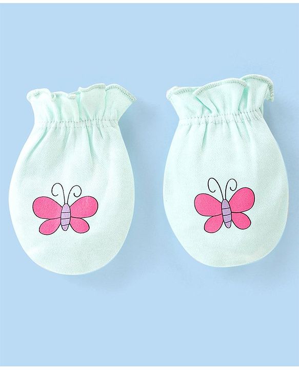 Babyhug 100% Cotton Knit Bear & Polka Dots Printed Mittens Pack of 3 - Green Yellow & Pink