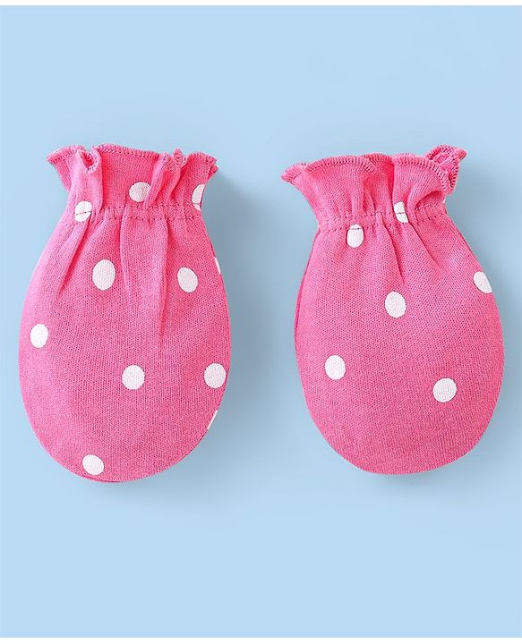 Babyhug 100% Cotton Knit Bear & Polka Dots Printed Mittens Pack of 3 - Green Yellow & Pink
