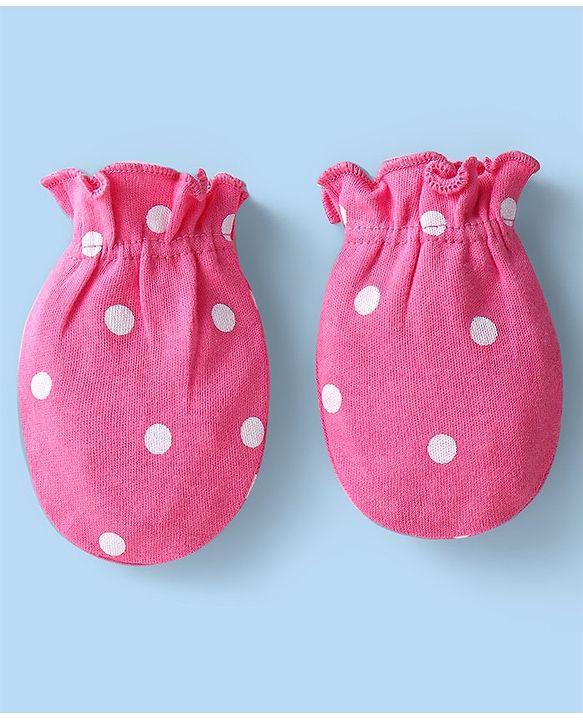 Babyhug 100% Cotton Knit Bear & Polka Dots Printed Mittens Pack of 3 - Green Yellow & Pink