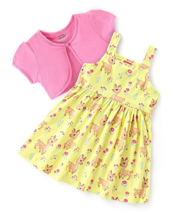 Babyhug Single Jersey Knit Floral Print Frock with Half Sleeves Shrug - Yellow & Pink
