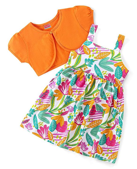 Babhyhug Single Jersey Knit Floral Printed Frock with Half Sleeves Solid Shrug - Orange