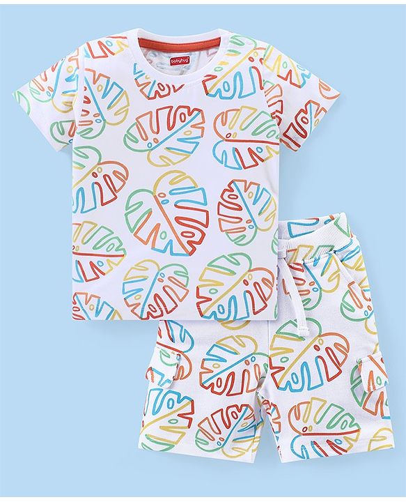 Babyhug Cotton Knit Half Sleeves T-Shirt & Shorts Set With Leafy Print - Multicolor