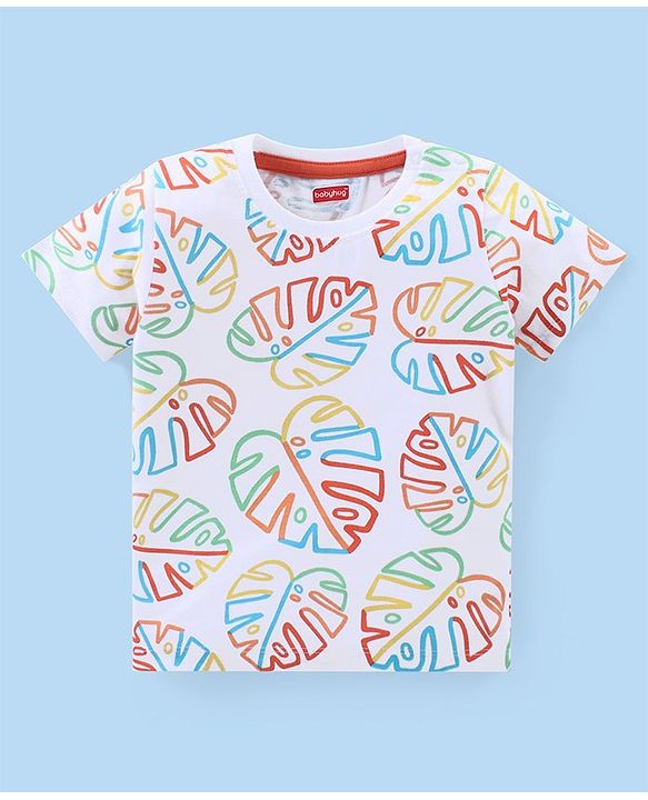 Babyhug Cotton Knit Half Sleeves T-Shirt & Shorts Set With Leafy Print - Multicolor
