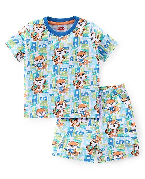 Babyhug Cotton Knit Half Sleeves T-Shirt & Shorts Set With Animals Print - Multicolor
