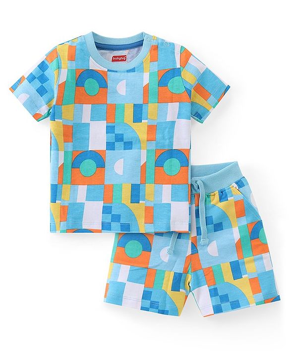 Babyhug Cotton Knit Half Sleeves T-Shirt & Shorts Set With Abstract Print - Multicolor